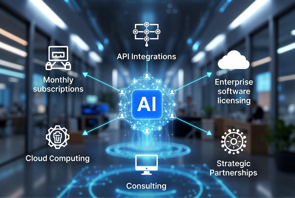 AI business model showing subscriptions API enterprise licensing and cloud revenue