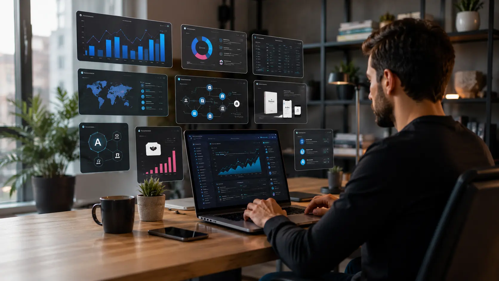 AI-powered passive income business setup showing a laptop with analytics dashboards, affiliate marketing reports, digital products, and automated revenue systems in a modern workspace