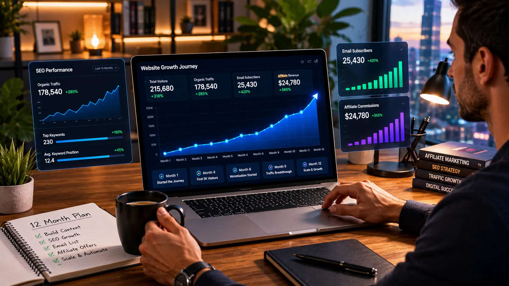 Affiliate marketing website growth dashboard displaying increasing traffic, email subscribers, SEO performance, and recurring commission revenue over time