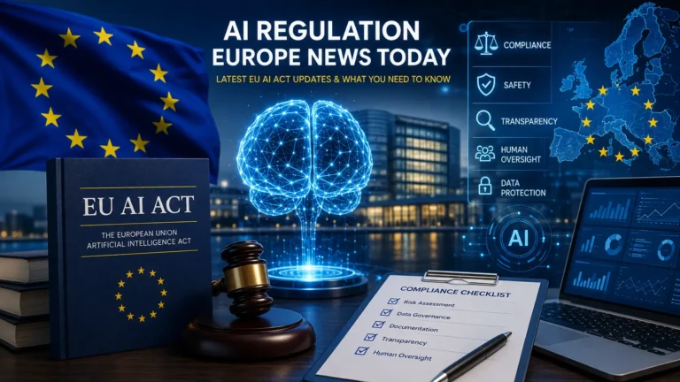 AI regulation Europe news today featuring the EU AI Act, artificial intelligence compliance, and European AI governance