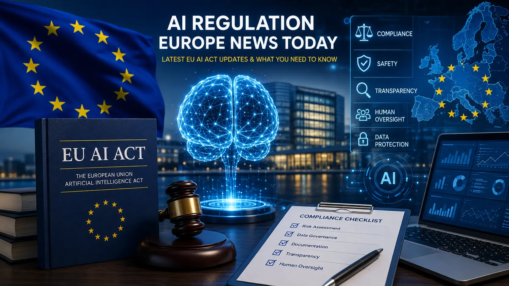 AI regulation Europe news today featuring the EU AI Act, artificial intelligence compliance, and European AI governance