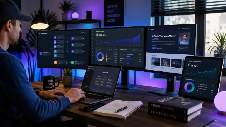 AI side hustle ideas dashboard showing multiple online income opportunities powered by artificial intelligence