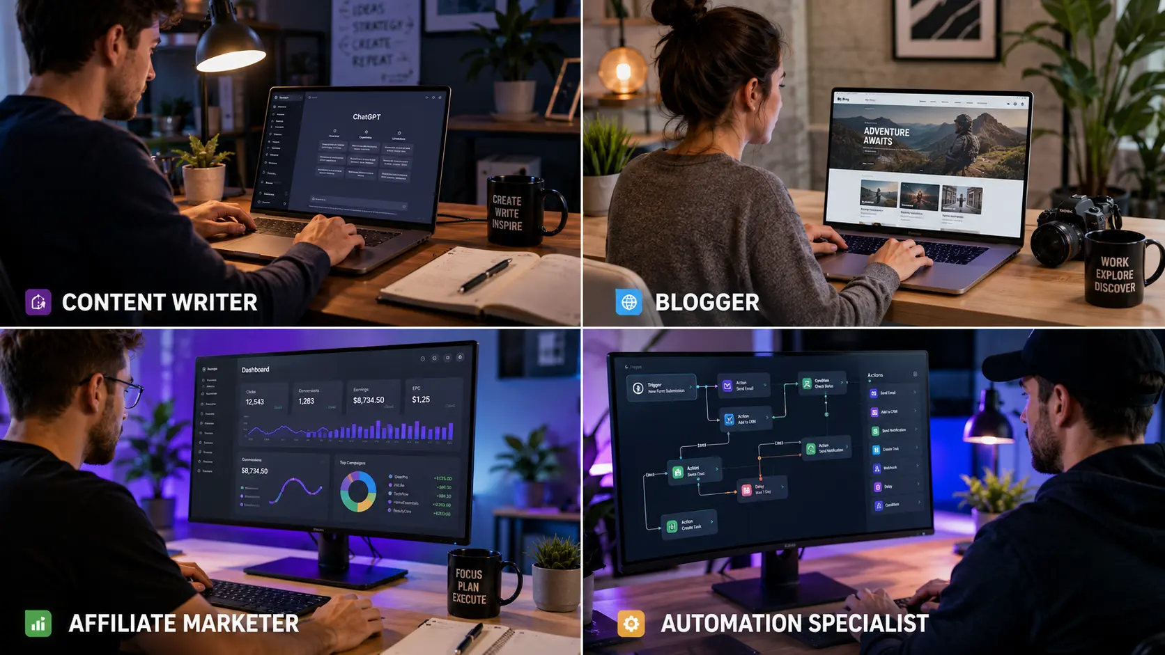 Popular AI side hustle ideas including blogging freelancing affiliate marketing and automation