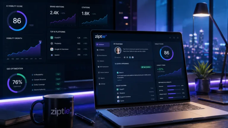 How effective is Ziptie AI search optimization dashboard showing AI visibility analytics and GEO performance metrics