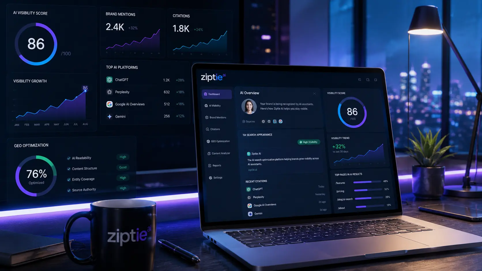 How effective is Ziptie AI search optimization dashboard showing AI visibility analytics and GEO performance metrics