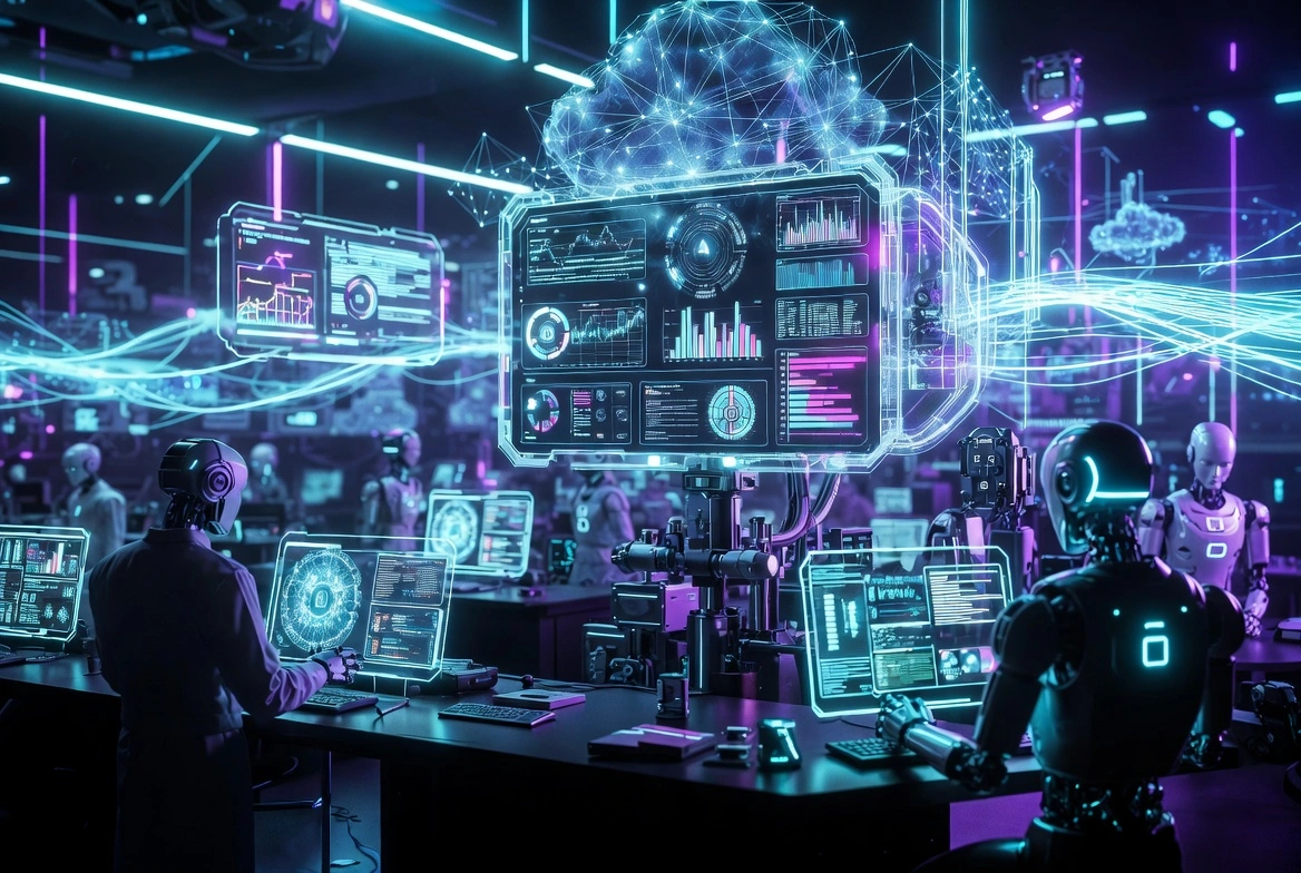 Future AI business ecosystem with autonomous AI agents and enterprise automation