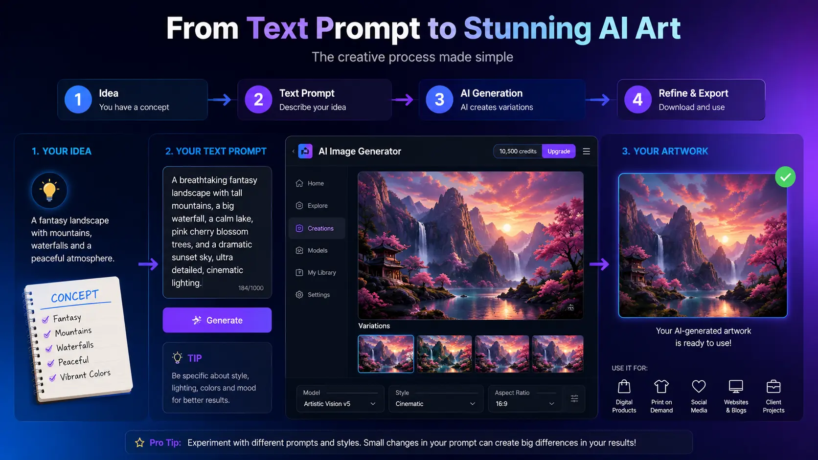 AI art generation workflow from text prompt to finished digital artwork