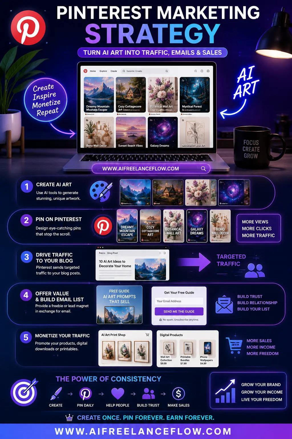 Pinterest strategy for driving traffic to AI art products and blog content